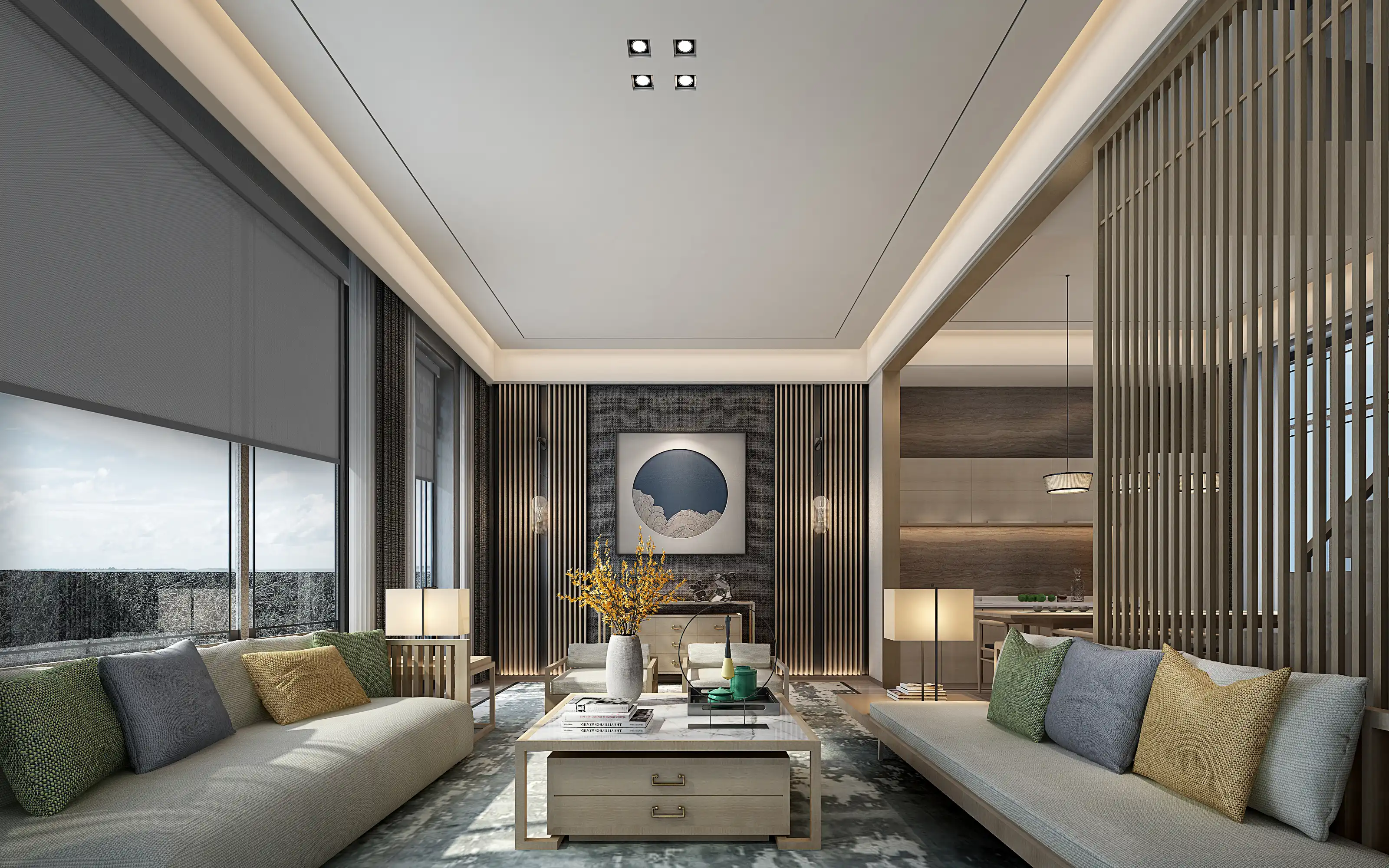 Motorized roller shades for living room sun control